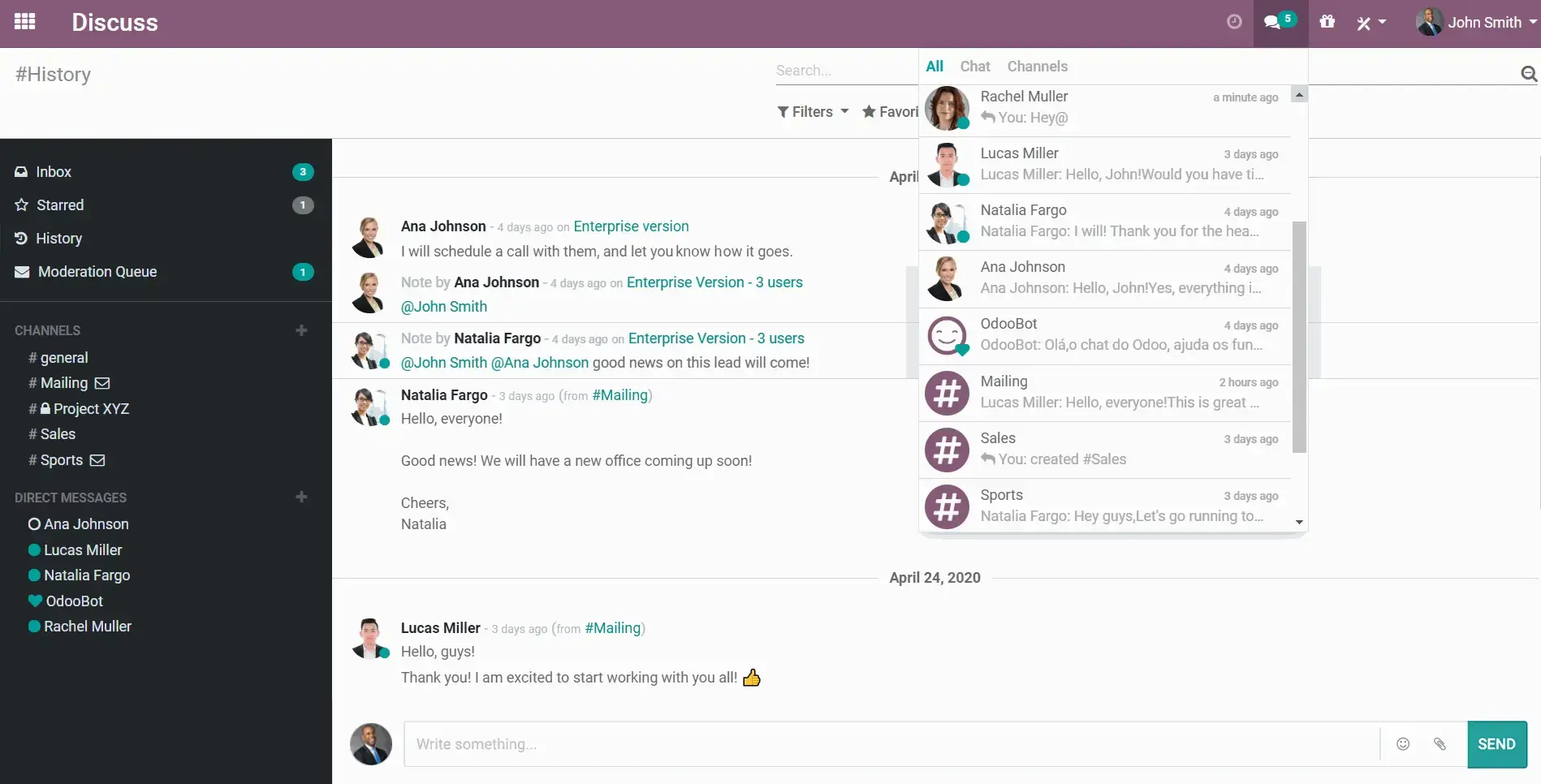 Odoo Discuss: історія повідомлень, чат і канали для командної роботи